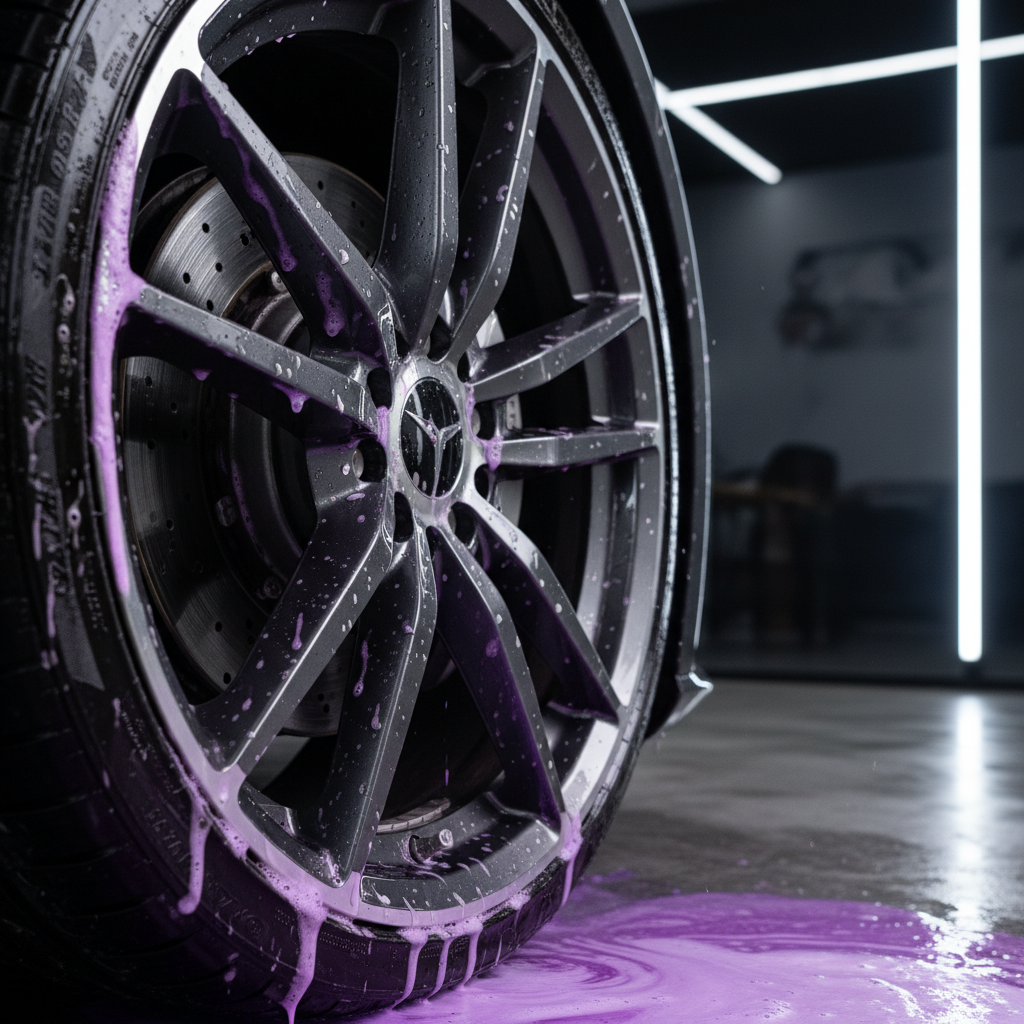 고급스러운 스포츠카의 알로이 휠에 보라색으로 반응하는 철분 제거제 거품이 흘러내리는 초근접 촬영 이미지로 물방울과 화학 반응의 질감이 생생하게 표현된 사진