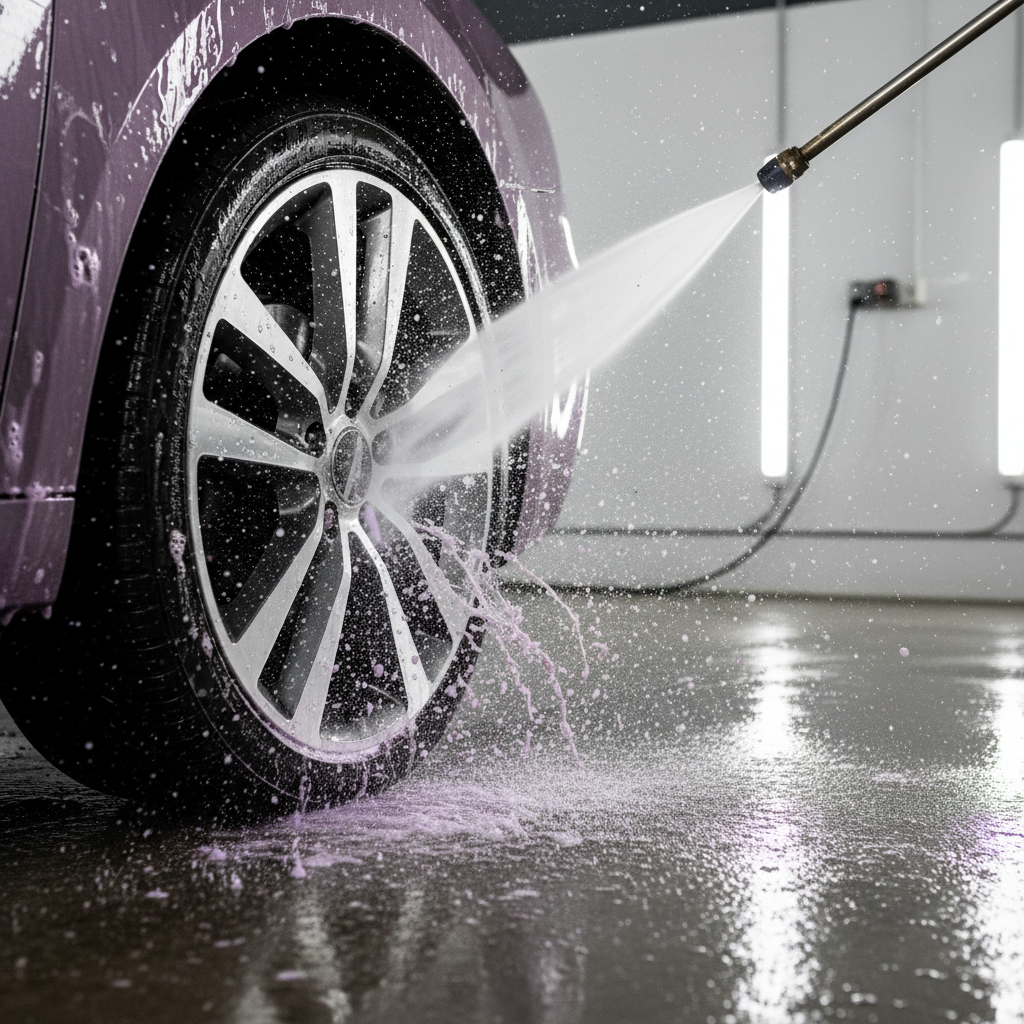고압 세척기에서 뿜어져 나오는 강력한 물줄기가 휠에 묻은 오염물과 보라색 거품을 시원하게 씻어내는 순간을 포착한 역동적이고 선명한 고해상도 이미지