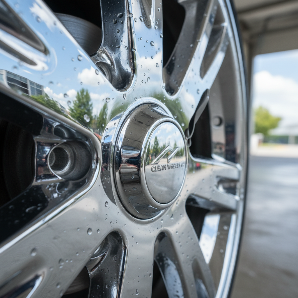 세척이 완료된 고광택 크롬 휠의 표면에 푸른 하늘과 주변 풍경이 선명하게 반사되는 모습을 근접 촬영하여 금속의 매끄러운 질감을 강조한 사진